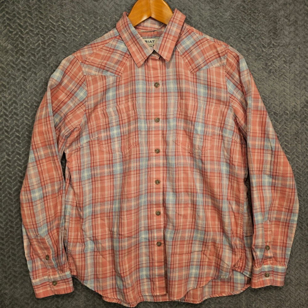 Ariat Womens Relaxed Fit Western Plaid Button Down Shirt Coral Blue Medium